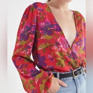 Urban Outfitters Georgie Surplice Wrap Blouse Multi Pink and Green size XS